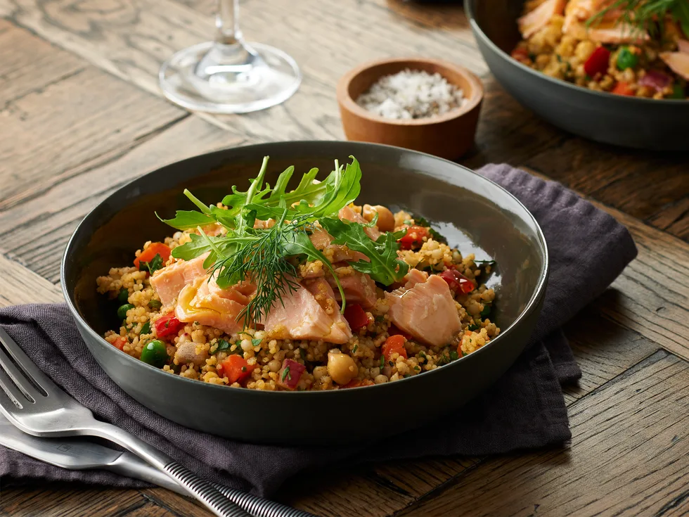 Pearl couscous with confit salmon