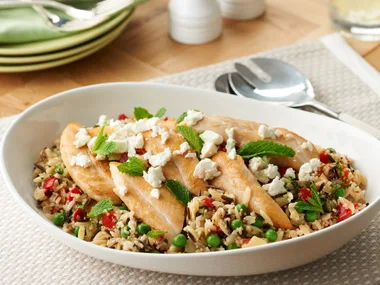 Quinoa with brown rice, chicken tenderloins, feta and lemon dressing