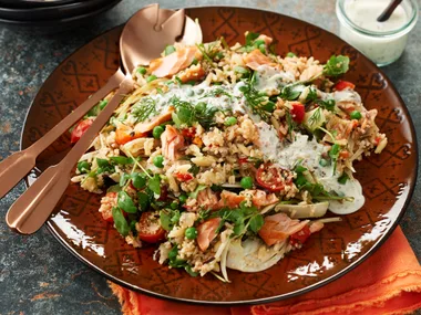 Quinoa with brown rice, hot smoked salmon, fennel and watercress salad