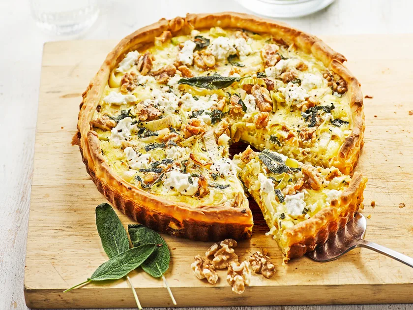 Leek, goat’s cheese, walnut and sage tart