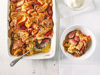 Rhubarb and strawberry croissant pudding