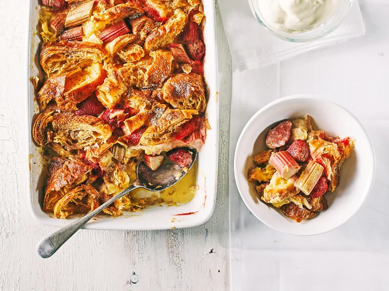 Rhubarb and strawberry croissant pudding