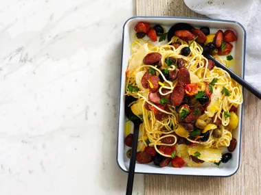 Spaghetti with roasted olives, chorizo and haloumi