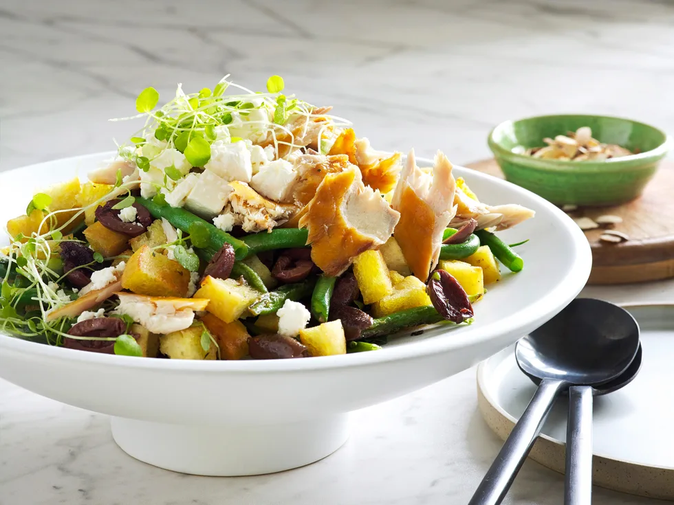 Warm olive and smoked fish salad