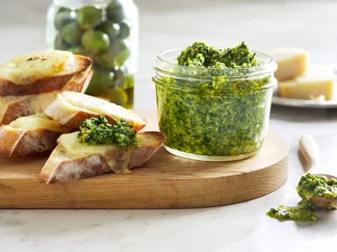 Sicilian olive and kale pesto with mozzarella toast