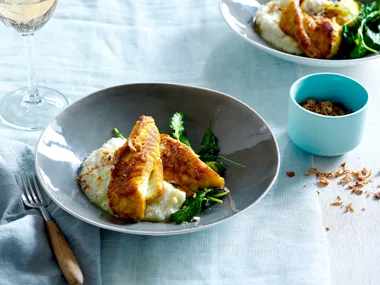 Roasted fish with turmeric oil and cauliflower purée