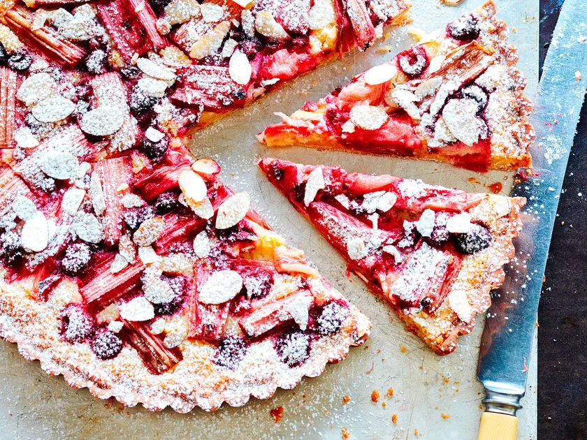 Rhubarb and raspberry frangipane tart