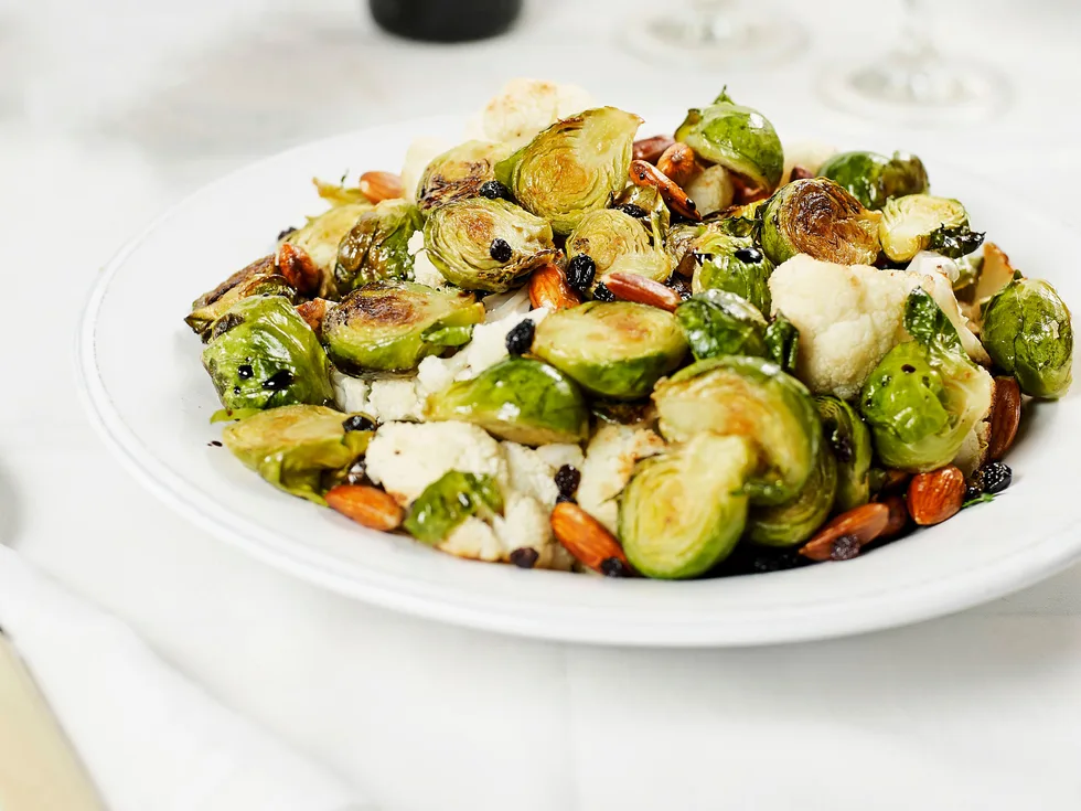 Roasted cauliflower and brussels sprouts with balsamic syrup