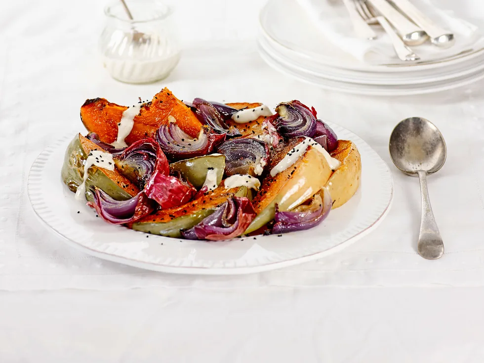 Roasted pumpkin and red onion with tahini dressing