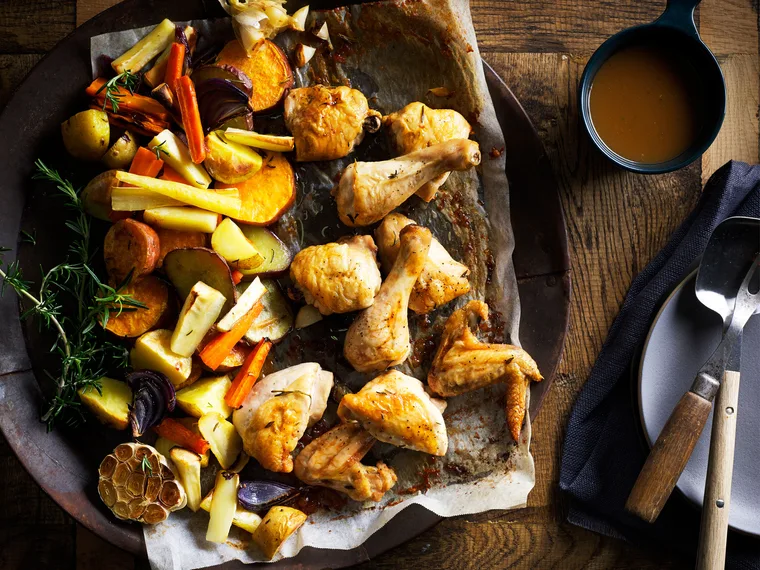 Roast tray-baked chicken with winter vegetables