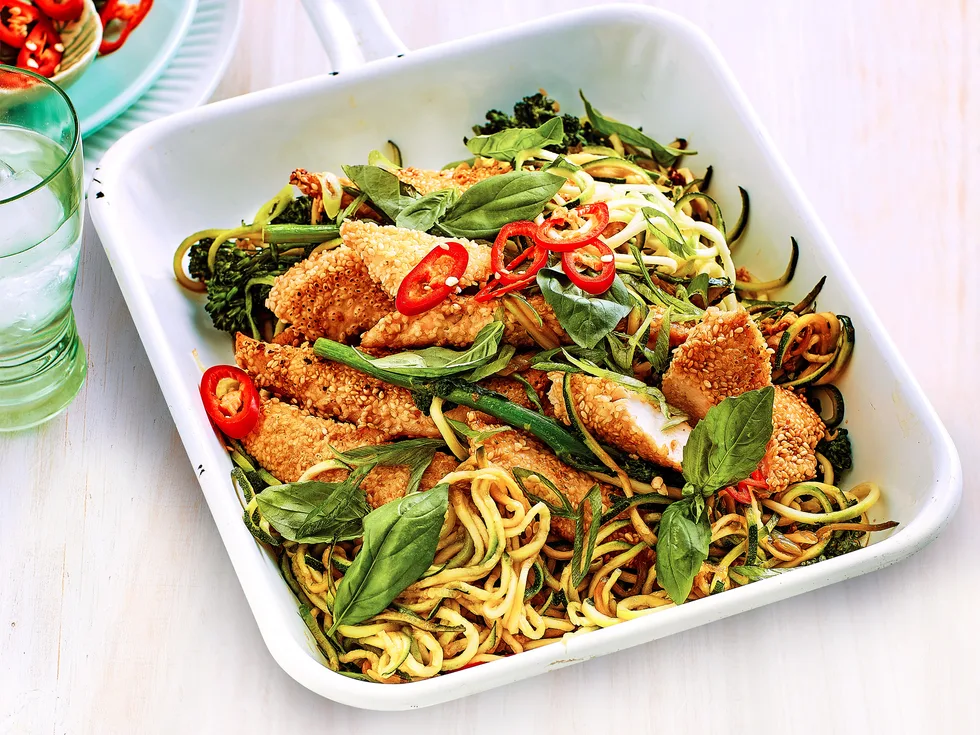 Sesame-crusted chicken breast with lemon zoodles
