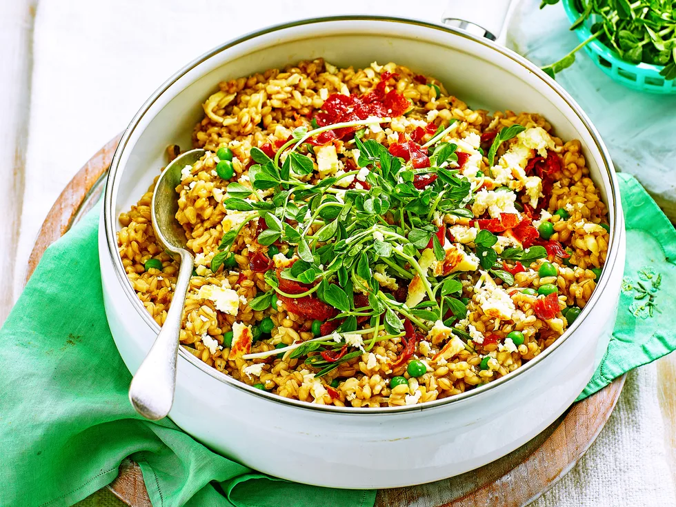 Pearl barley and pea risotto with haloumi crumbs