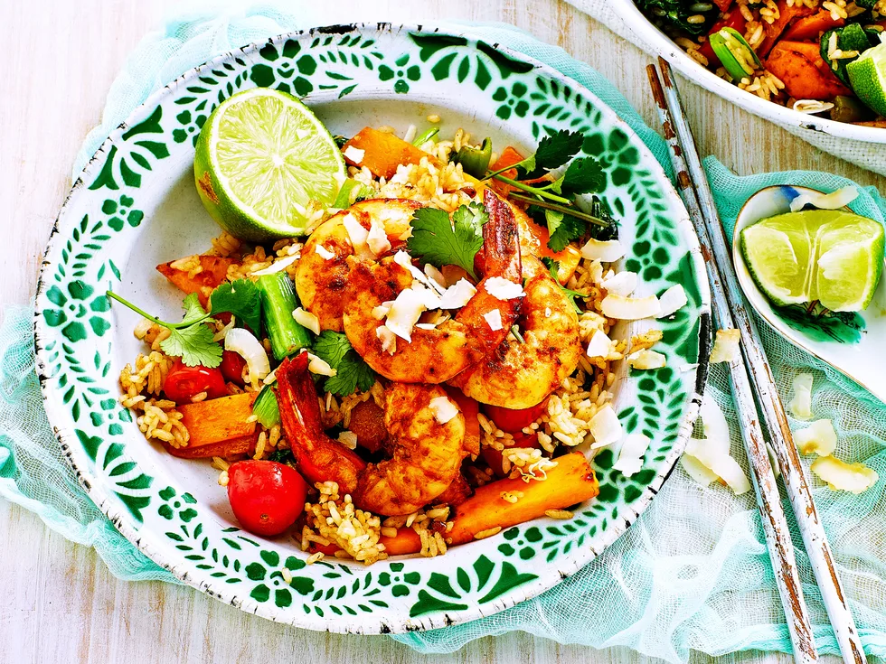 Coconut-fried rice with tom yum prawns