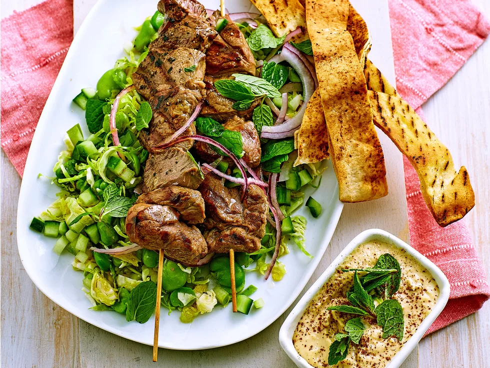 Broad bean fattoush with honey-glazed lamb