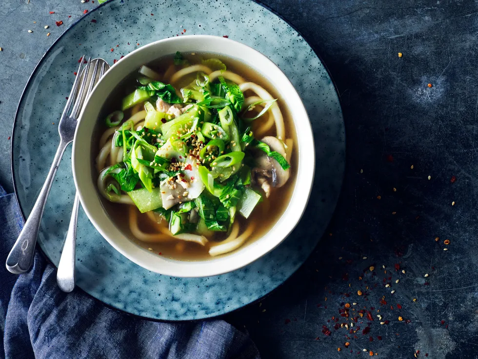 Ginger chicken and bok choy noodle soup
