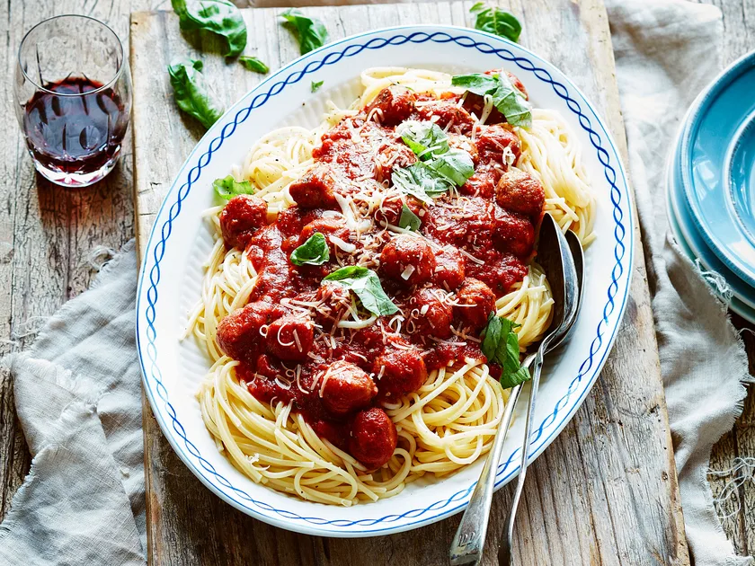 Italian sausage and red wine meatballs with spaghetti