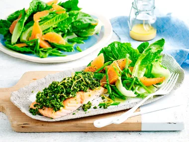 Pesto crusted salmon with grapefruit salad