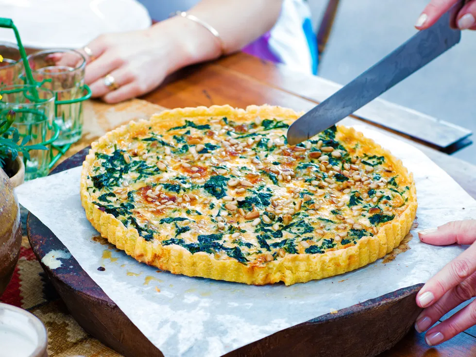 Spinach, kale and gorgonzola tart