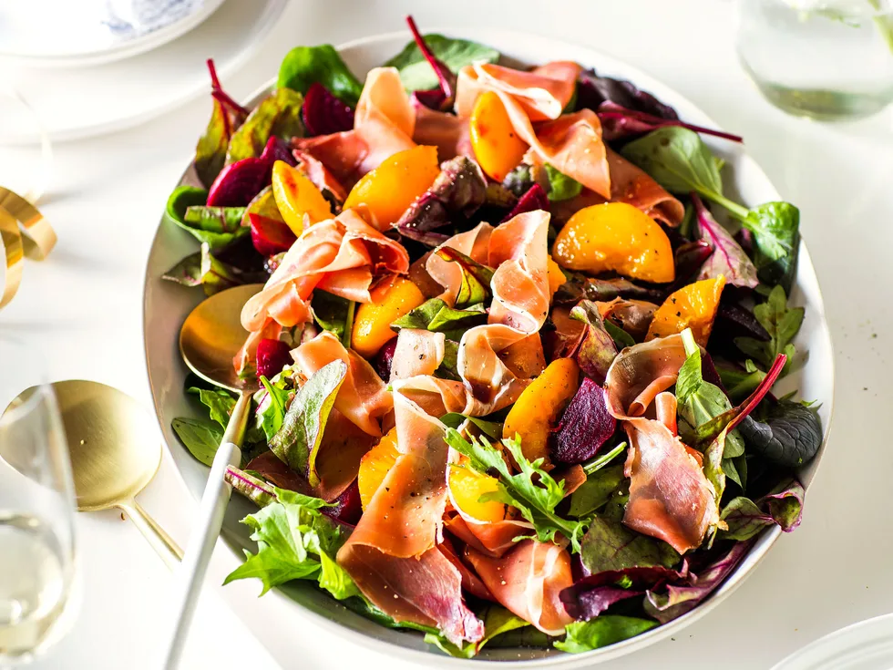 Roasted peach, beetroot and parma ham salad with pomegranate molasses dressing