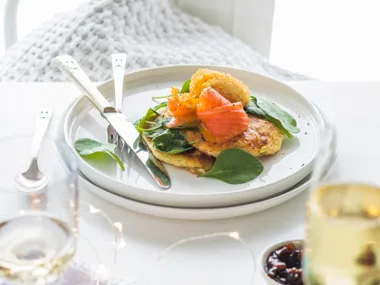Smoked salmon, potato pancakes and double-cooked eggs
