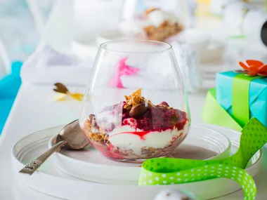 Maple baked granola with strawberry and cherry compote