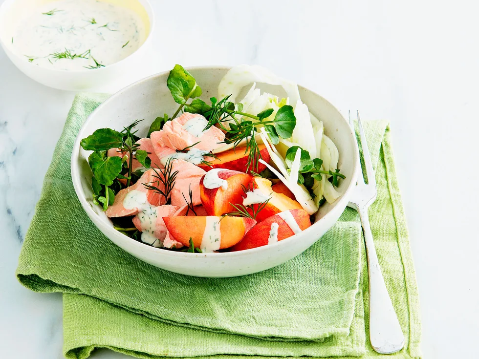Poached salmon, fennel and peach salad