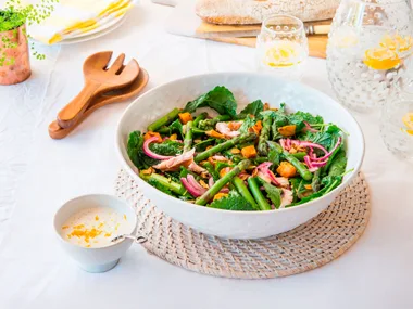 Asparagus, kumara and smoked kahawai salad with lemony horopito dressing