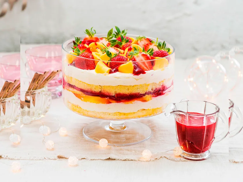 Vanilla, mango and berry trifle