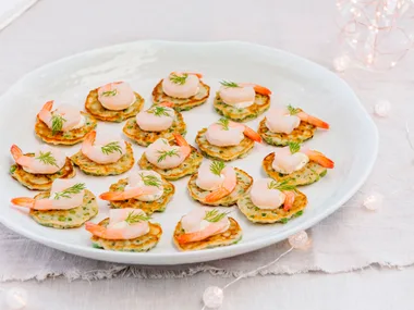 Prawn-topped pea fritters