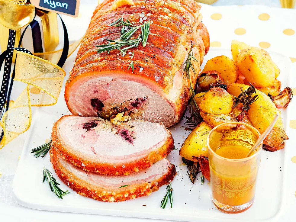 Rolled pork with cider jus and roasted potatoes