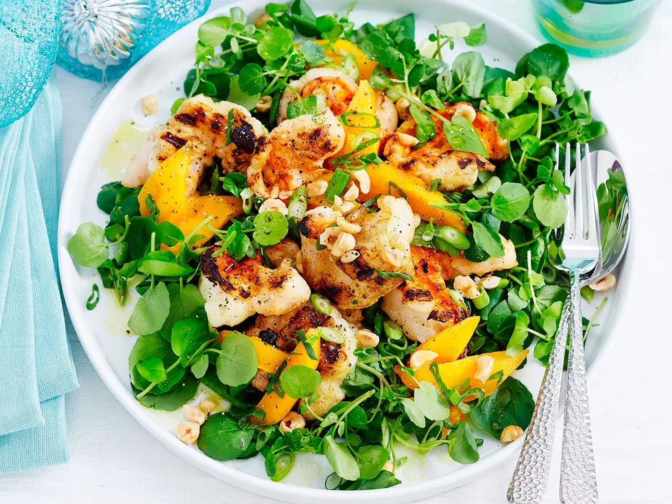 Char-grilled crayfish, mango and hazelnut salad