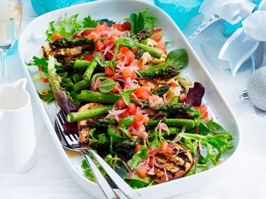 Char-grilled asparagus with bruschetta topping