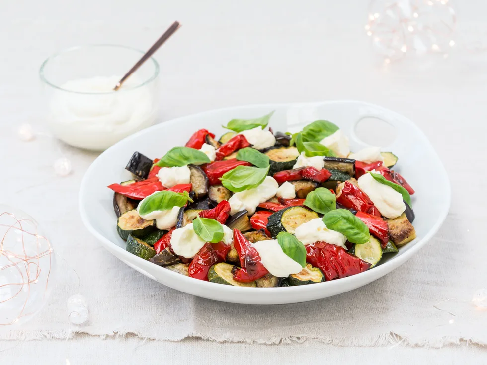 Roast Mediterranean vegetable salad with whipped feta