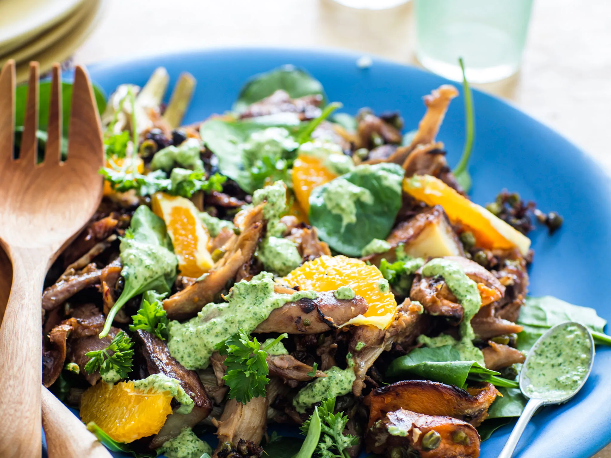 Leftover turkey and orange salad with green dressing