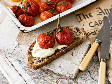 Sourdough mousetraps with whipped feta cream and roasted tomatoes