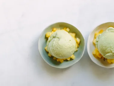 No-churn matcha frozen yoghurt with pineapple salsa