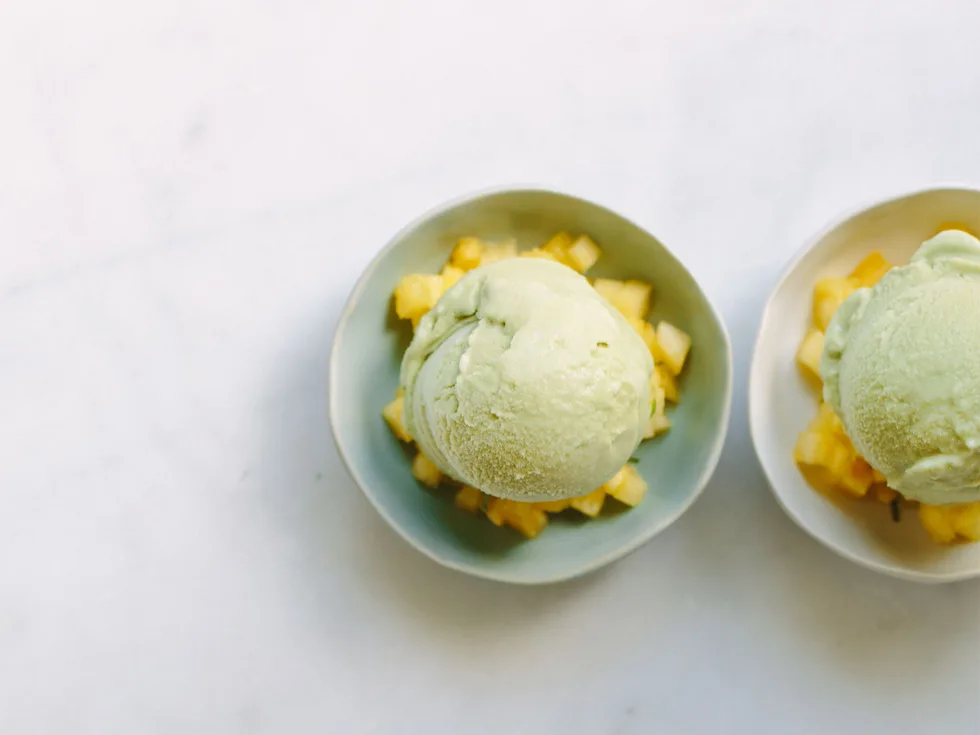 No-churn matcha frozen yoghurt with pineapple salsa