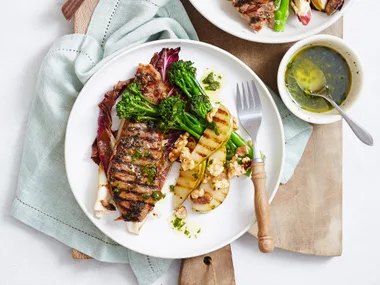 Grilled broccolini, steak and pears