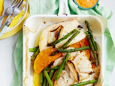 Baked fish and pumpkin with capsicum aioli