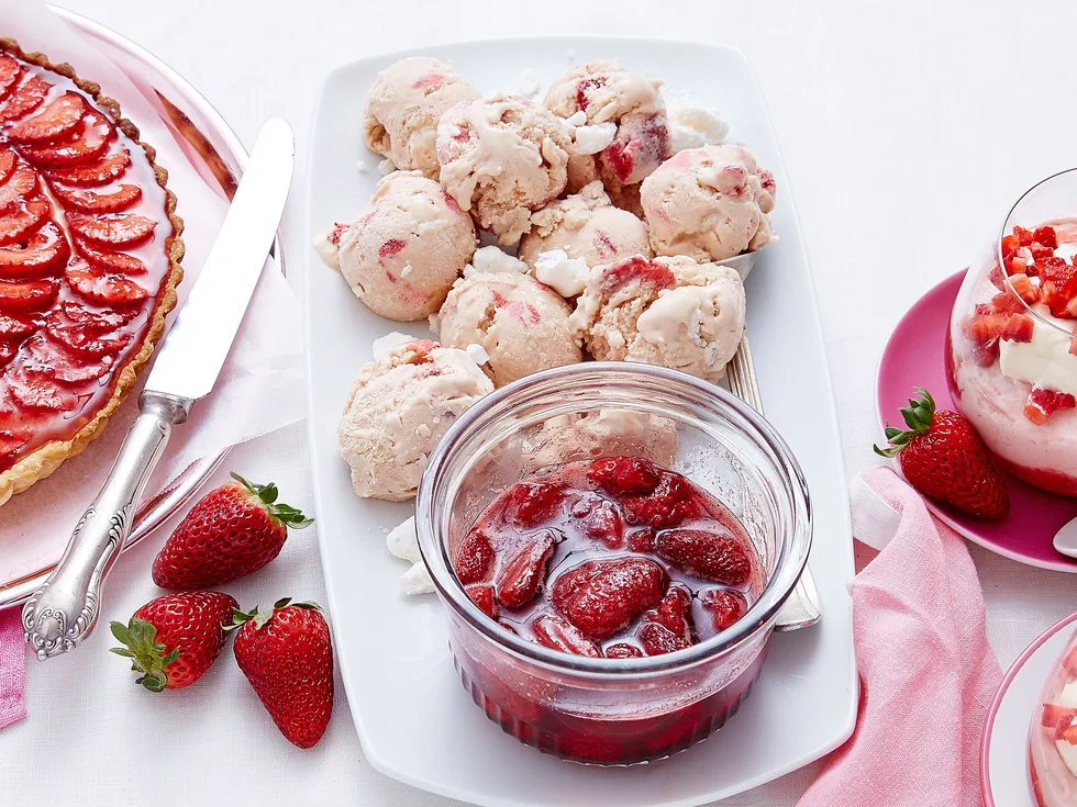 Strawberry rosewater meringue ice cream with compote