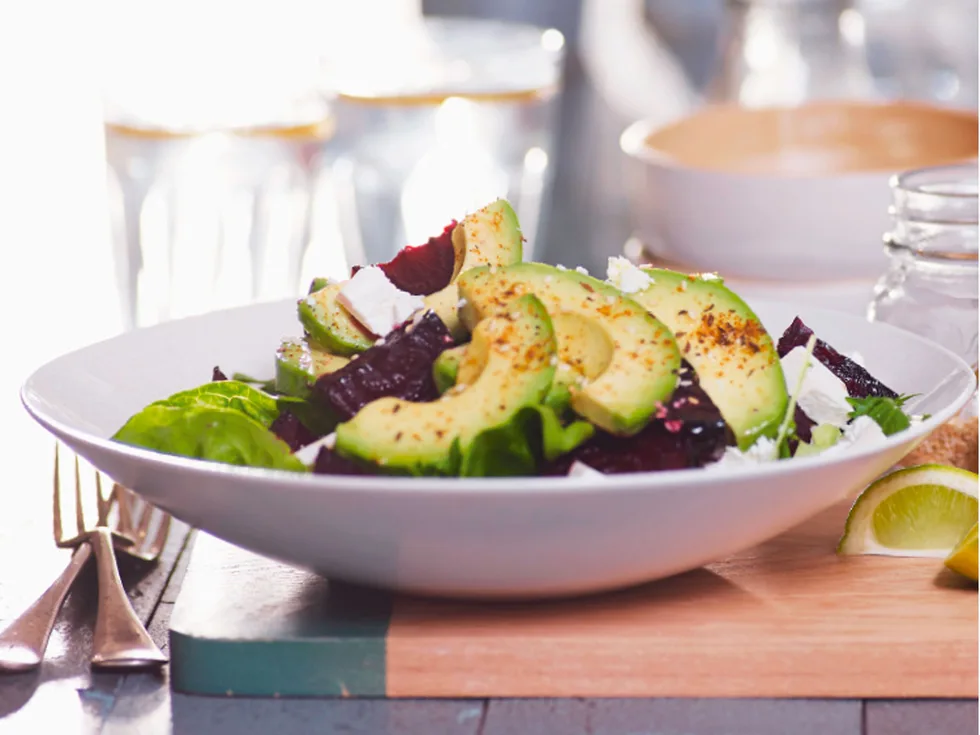 Spiced avocado and roasted beetroot salad with feta
