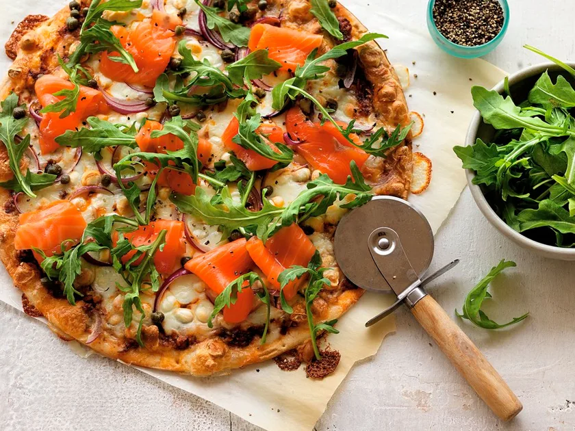 Quick rocket and salmon pizzas