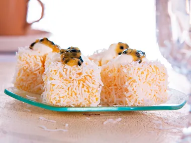 Mango and passionfruit lamingtons