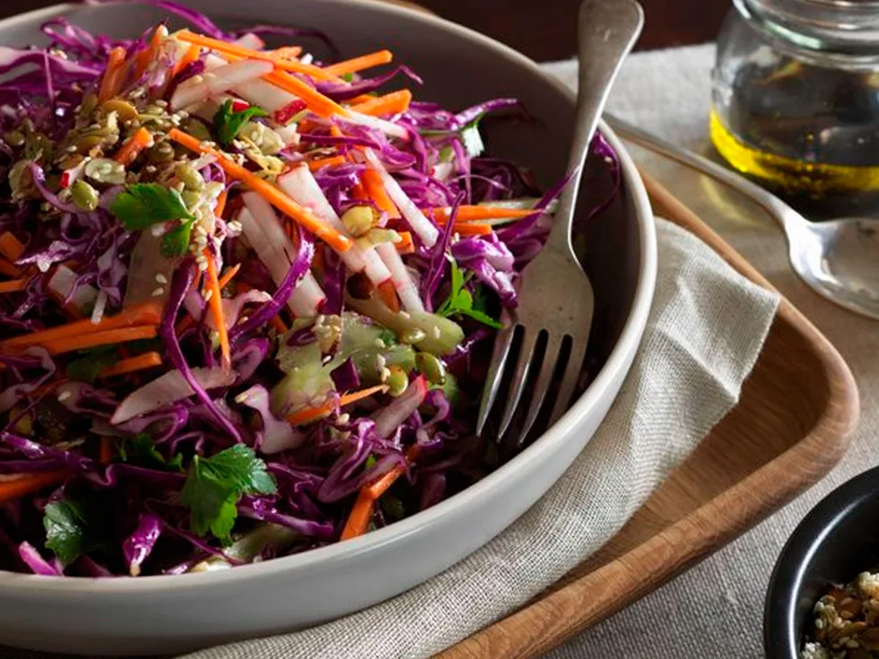 Red cabbage winter slaw with orange dressing and salted seeds