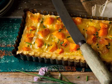 Pumpkin, leek and brie tart