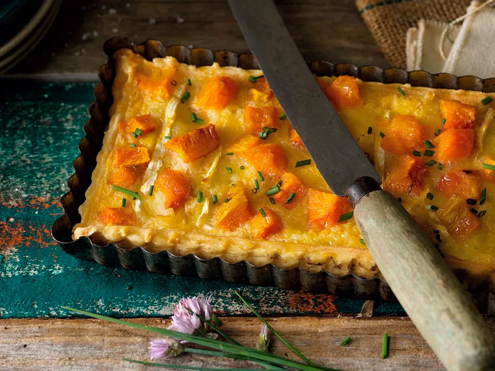 Pumpkin, leek and brie tart