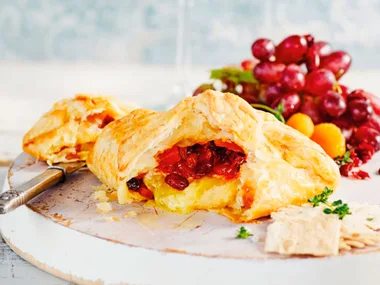 Melting camembert in golden pastry