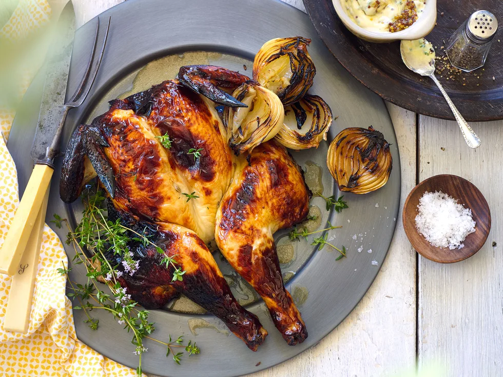 Butterflied chicken with wine, thyme and honey marinade