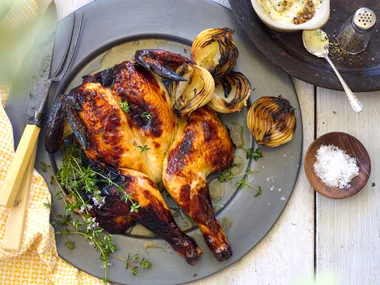 Butterflied chicken with wine, thyme and honey marinade