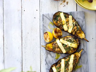 Eggplant with spiced chickpea filling and haloumi